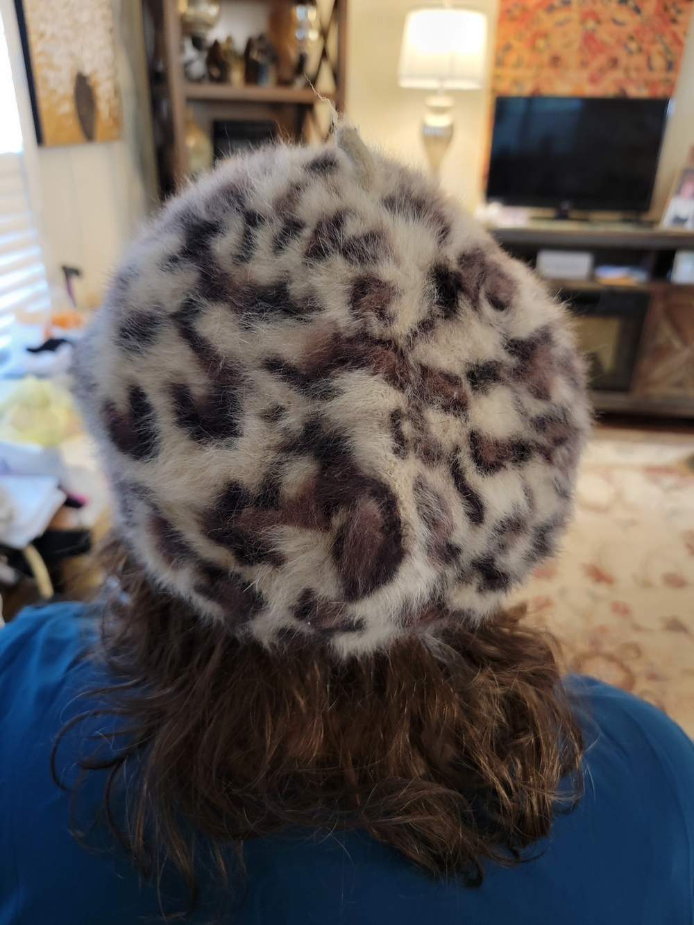 Betsey Johnson Faux Fur Leopard Beret - Pink & Brown With Rhinestown Bow